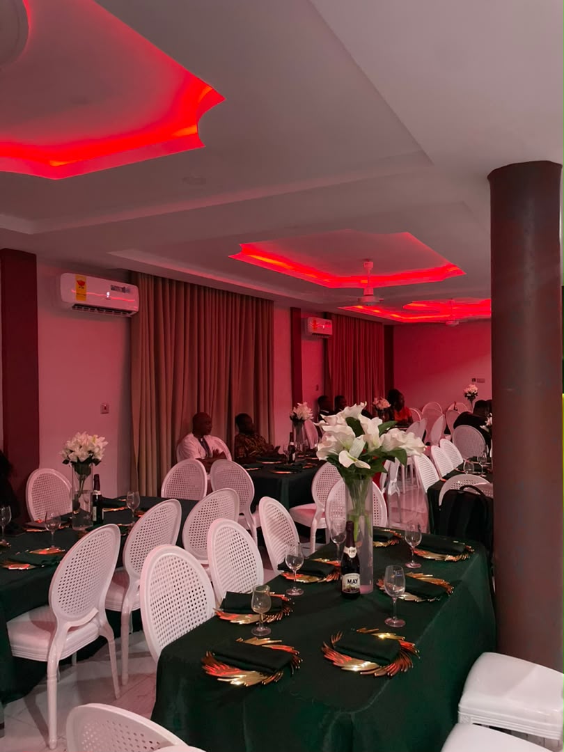 Abank Village conference room set for a formal dinner event